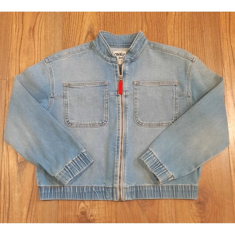 VTG OshKosh B'gosh Zip Up Denim Bomber Jacket Light Wash Kids Workwear Sz 12/12A